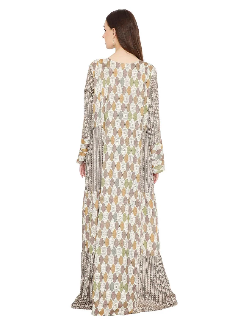 HANA & SARA LONG UNIQUE PRINTED WITH STONE WORK ON THREAD EMBROIDERY ARABIC KAFTAN JALABIYA DRESS