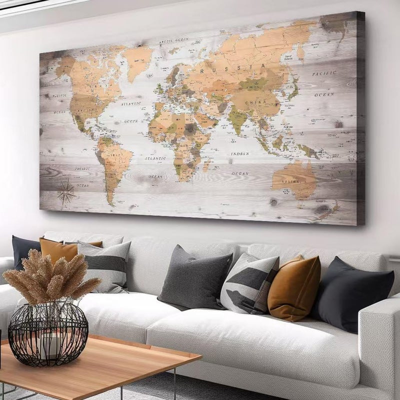 ZEYDRT Large Wall Art grey map of The World Painting Ready to Hang 29"x58"Large Framed Wall Art World Map Canvas Map Decorations Artwork Prints - Image 1