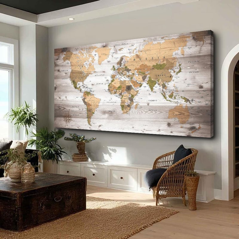 ZEYDRT Large Wall Art grey map of The World Painting Ready to Hang 29"x58"Large Framed Wall Art World Map Canvas Map Decorations Artwork Prints - Image 5