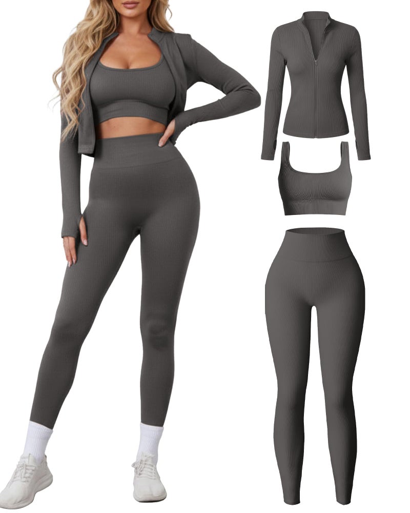 Simlakey Women 3 Piece Seamless Workout Set Sports Bra High Waisted Gym Yoga Leggings Zip Up Jacket with Thumbhole Activewear(Dark Gray,Small) - Image 1