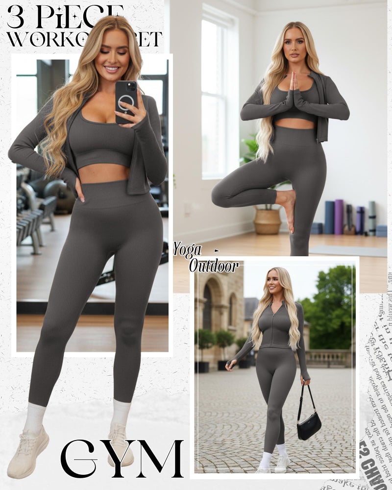 Simlakey Women 3 Piece Seamless Workout Set Sports Bra High Waisted Gym Yoga Leggings Zip Up Jacket with Thumbhole Activewear(Dark Gray,Small) - Image 2