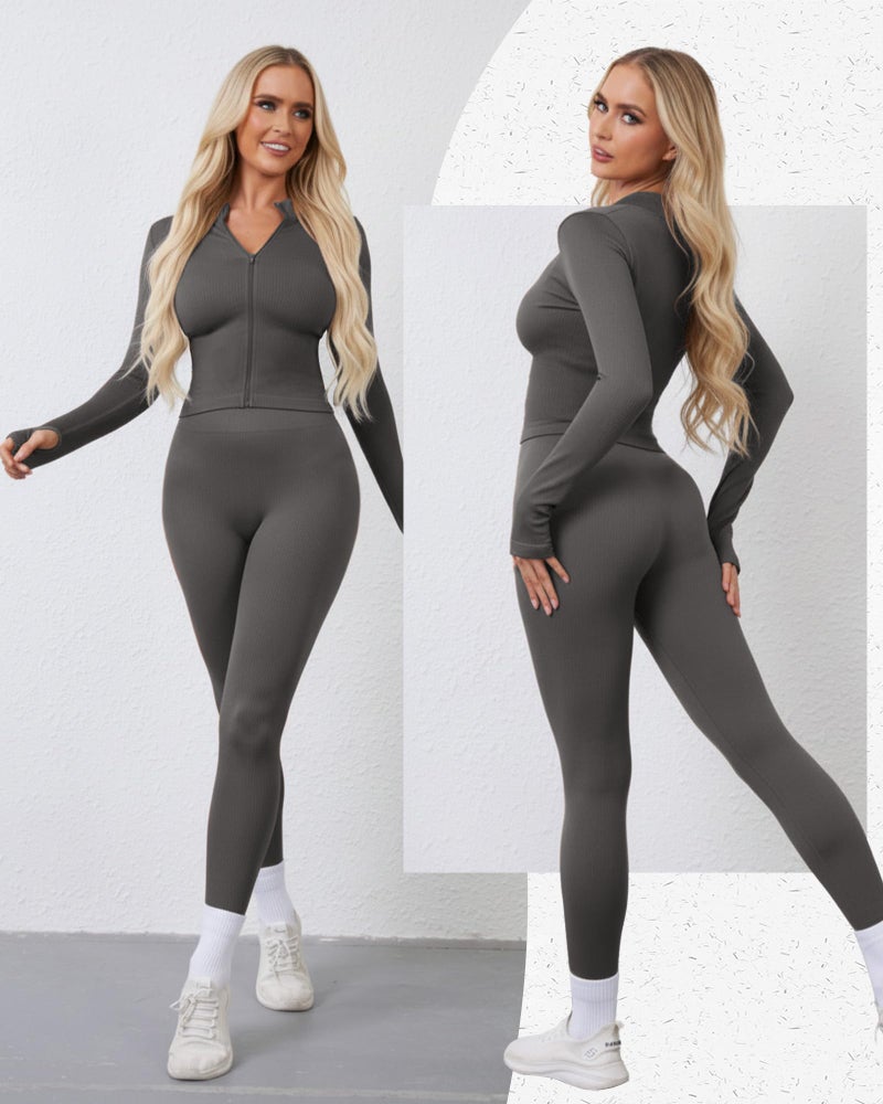 Simlakey Women 3 Piece Seamless Workout Set Sports Bra High Waisted Gym Yoga Leggings Zip Up Jacket with Thumbhole Activewear(Dark Gray,Small) - Image 4