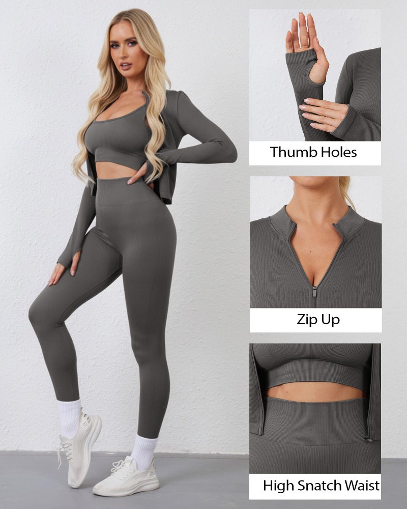 Simlakey Women 3 Piece Seamless Workout Set Sports Bra High Waisted Gym Yoga Leggings Zip Up Jacket with Thumbhole Activewear(Dark Gray,Small) - Image 5