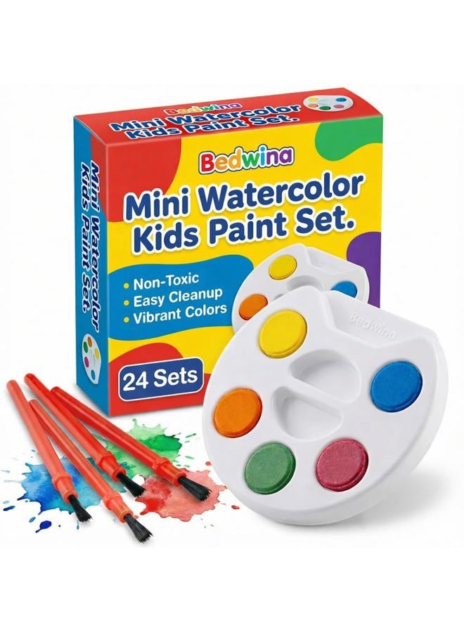 Bedwina Mini Watercolor Kids Paint Set - (Bulk Pack of 24) - 5 Watercolor Paints, Palette Tray and Painting Brush, for Art Party Favors, Kids Prizes, Stocking Stuffers and Paint Party Supplies - Image 1