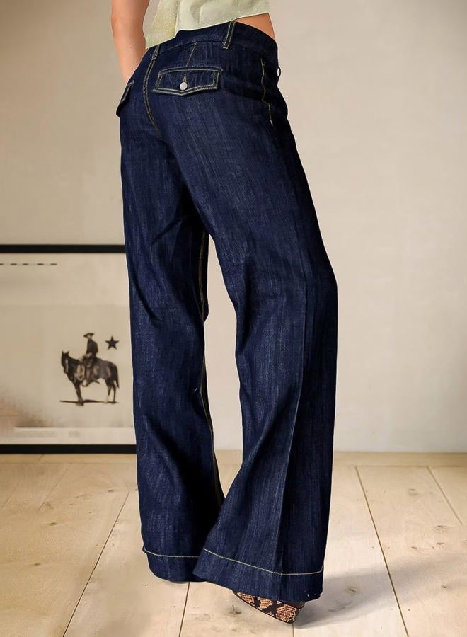 Flamingals Straight Leg Mid Rise Wash Welt Pocket Flap Decor Jeans for Women, Dark Blue, M - Image 3