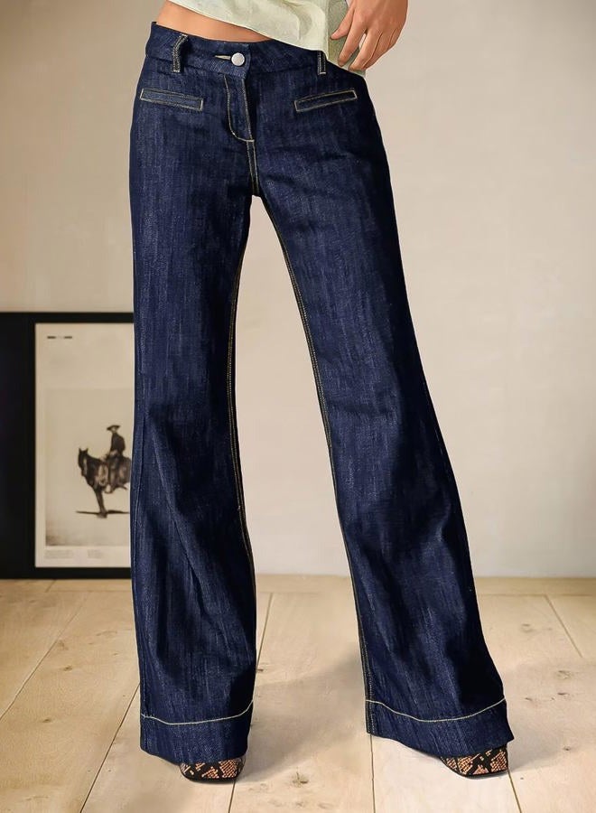 Flamingals Straight Leg Mid Rise Wash Welt Pocket Flap Decor Jeans for Women, Dark Blue, M - Image 2