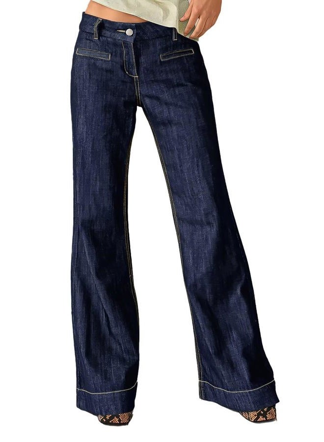 Flamingals Straight Leg Mid Rise Wash Welt Pocket Flap Decor Jeans for Women, Dark Blue, M - Image 1