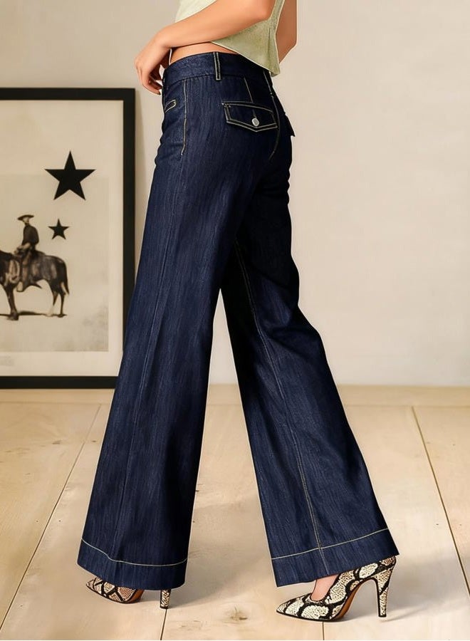 Flamingals Straight Leg Mid Rise Wash Welt Pocket Flap Decor Jeans for Women, Dark Blue, M - Image 5