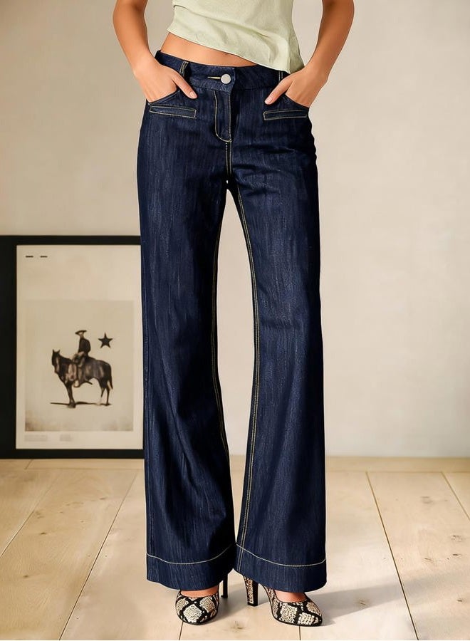 Flamingals Straight Leg Mid Rise Wash Welt Pocket Flap Decor Jeans for Women, Dark Blue, M - Image 4