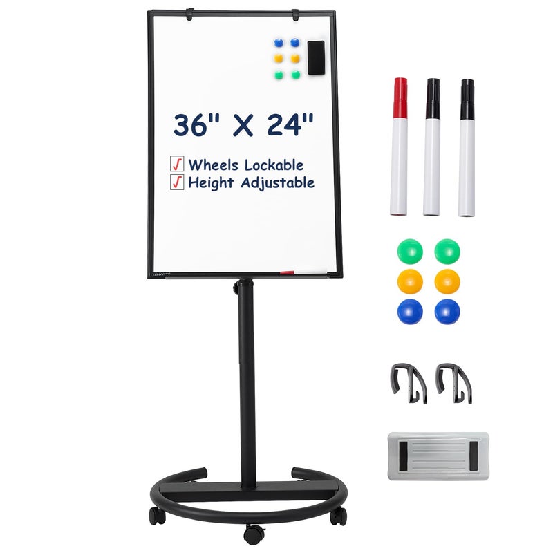 TSJ OFFICE Mobile Whiteboard Standing 36 X 24 Inches Magnetic Rolling White Board Height Adjustable Dry Erase Board on Wheels with Flip Chart Hooks Black - Image 2