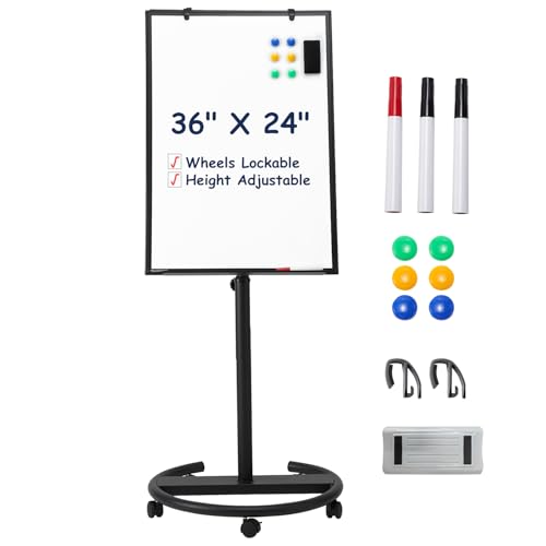 TSJ OFFICE Mobile Whiteboard Standing 36 X 24 Inches Magnetic Rolling White Board Height Adjustable Dry Erase Board on Wheels with Flip Chart Hooks Black - Image 1