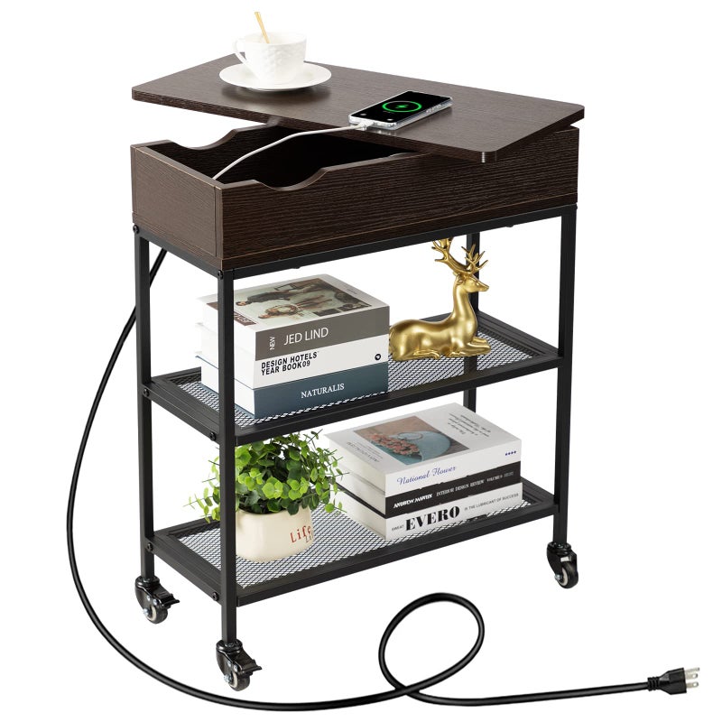 Hadulcet End Table with Charging Station  Rotating Top Couch End Table Rotating Swivel Top Side Table for Living Room  Bedroom Narrow Rolling Side Table on Wheels Skinny Nightstand Black Walnut