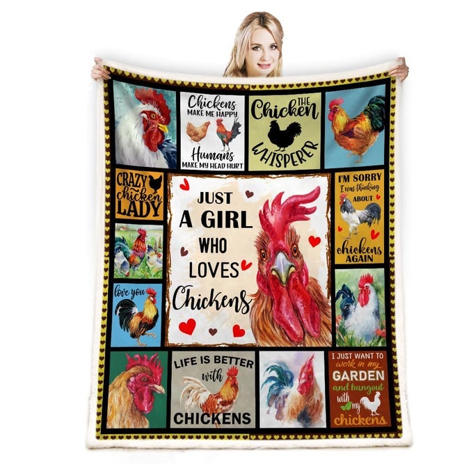 JUST A GIRL WHO LOVES CHICKENS BLANKET ROOSTER GIFT THROW BLANKET FUNNY COLORFUL CHICKENS PATTERN 60X50