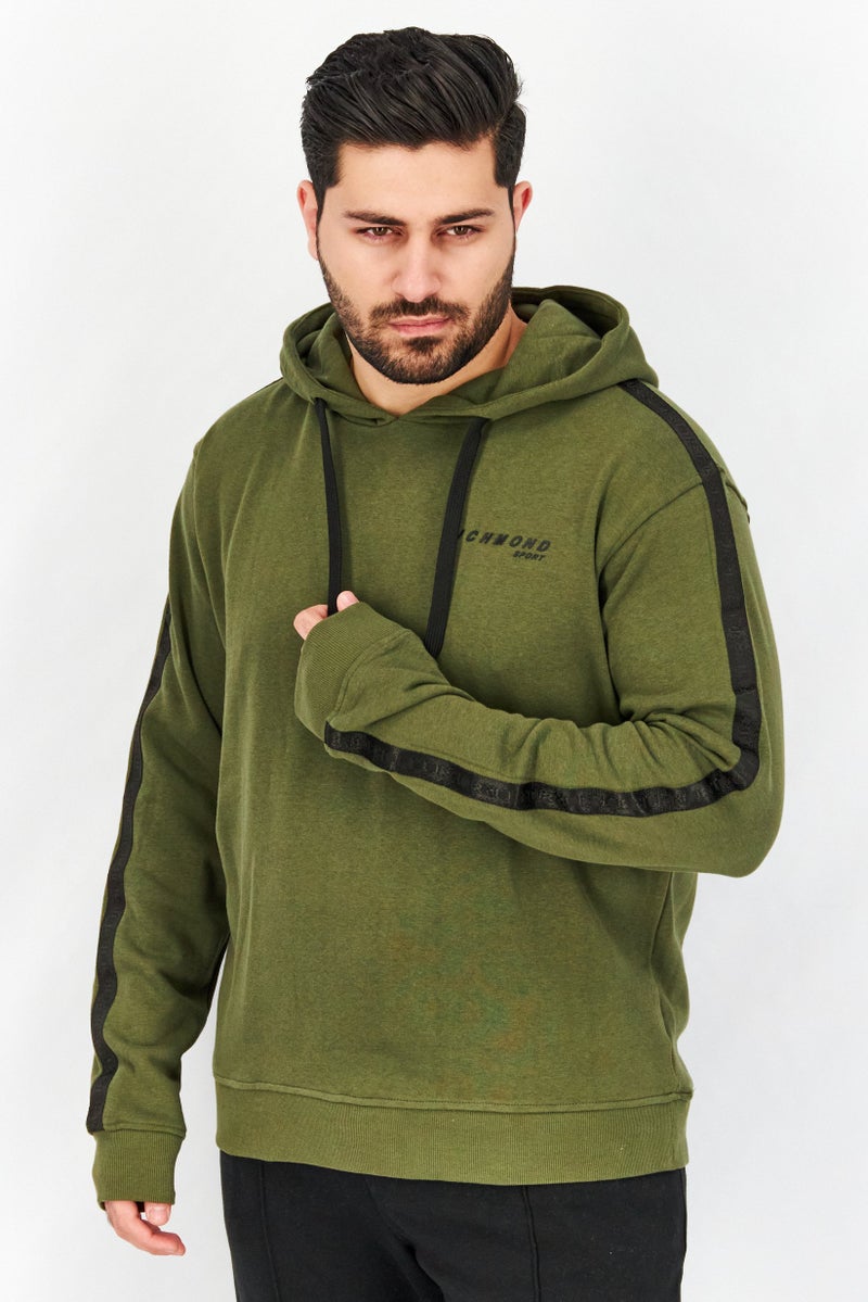JOHN RICHMOND Men Hooded Brand Logo Long Sleeve Sweatshirts, Olive - Image 1