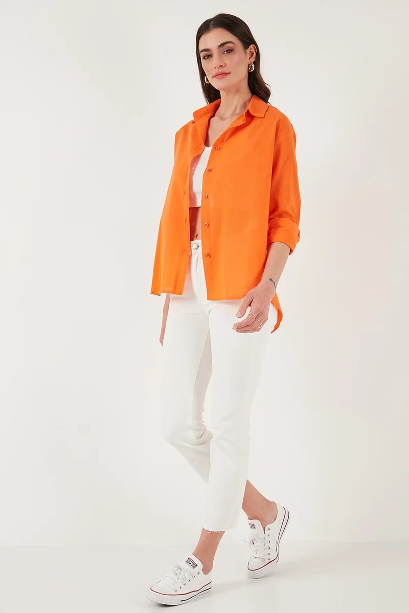 Lela Linen and Cotton Blend Regular Fit Short Front Long Back Shirt Women's Shirt 6772853