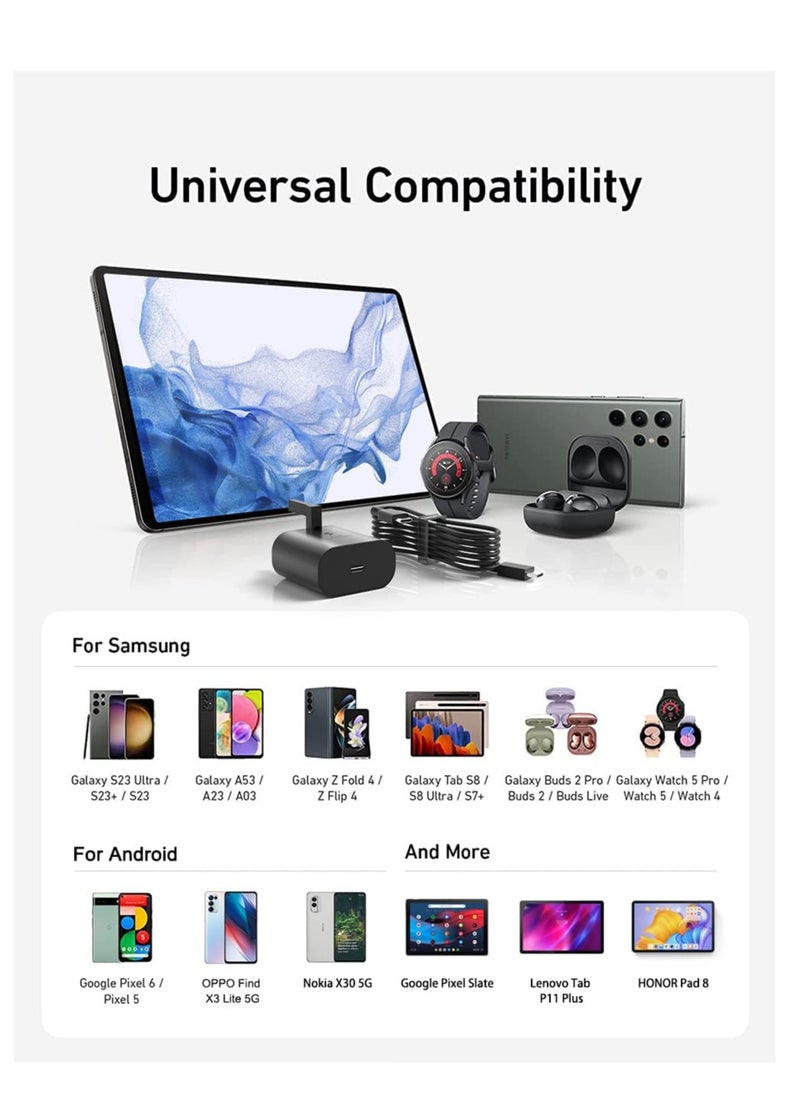 Generic - شاحن USB C بقوة 25 وات لهاتف سامسونج، قابس شحن سريع من النوع C لهاتف Galaxy S24/S23/ S22 Ultra S22+/ S21 S20 S10 S9، Note 20/10/ 9، iPad Pro، iPad Air 6 4، Mini 6، Google Pixel 8/7 /6، كابل USB C إلى C بطول 1 متر - Image 1
