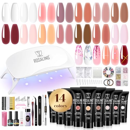 ROSALIND Poly Nail Gel Kit 14 Colors 72 Nail Art Accessories kit Clear Nude Poly Nails Gel Kit Starter Kit with Mini UV Lamp Slip Solution Basic Tools for Beginners with Everything - Image 1