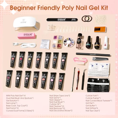 ROSALIND Poly Nail Gel Kit 14 Colors 72 Nail Art Accessories kit Clear Nude Poly Nails Gel Kit Starter Kit with Mini UV Lamp Slip Solution Basic Tools for Beginners with Everything - Image 3