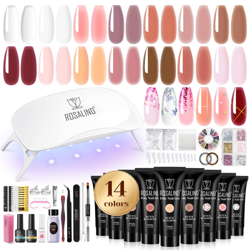 ROSALIND Poly Nail Gel Kit 14 Colors 72 Nail Art Accessories kit Clear Nude Poly Nails Gel Kit Starter Kit with Mini UV Lamp Slip Solution Basic Tools for Beginners with Everything - Image 2