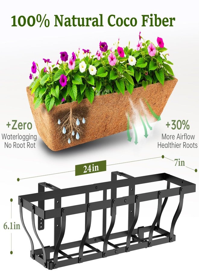 VOXOR Railing Planter Boxes, Heavy Duty Window Box Planters, Adjustable Balcony Planters for Railing Hanging, with Coco Liner & Support Rod for Deck, Porch, and Patio Gardening (2 Pack, 24 Inch) - Image 2