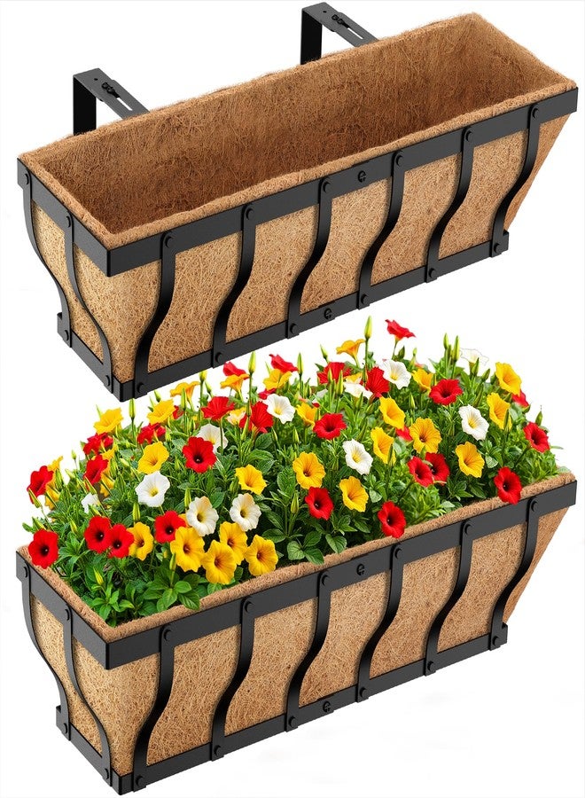 VOXOR Railing Planter Boxes, Heavy Duty Window Box Planters, Adjustable Balcony Planters for Railing Hanging, with Coco Liner & Support Rod for Deck, Porch, and Patio Gardening (2 Pack, 24 Inch) - Image 1