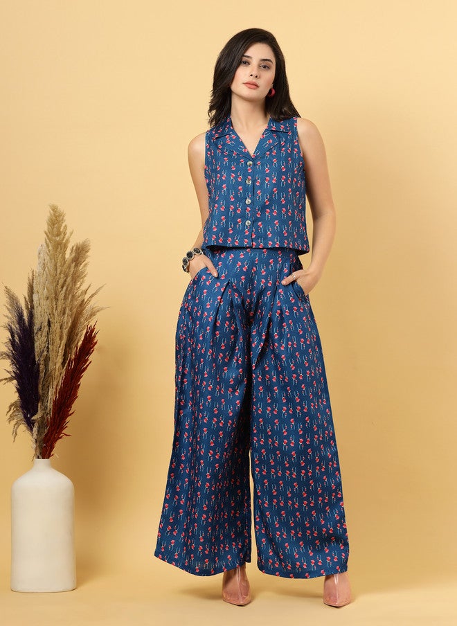 RAASSIO بلوزة بدون أكمام مطبوعة بالأزهار وبنطلونات واسعة للنساء - Image 1