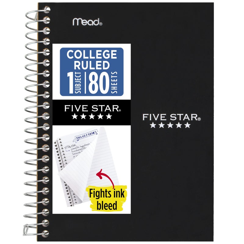 Five Star Spiral Notebook, 1 Subject, College Ruled Paper, 4-3/8" x 7", Personal Size, 80 Sheets, Fights Ink Bleed, Water Resistant Cover, Black (450048AA2-ECM) - Image 1
