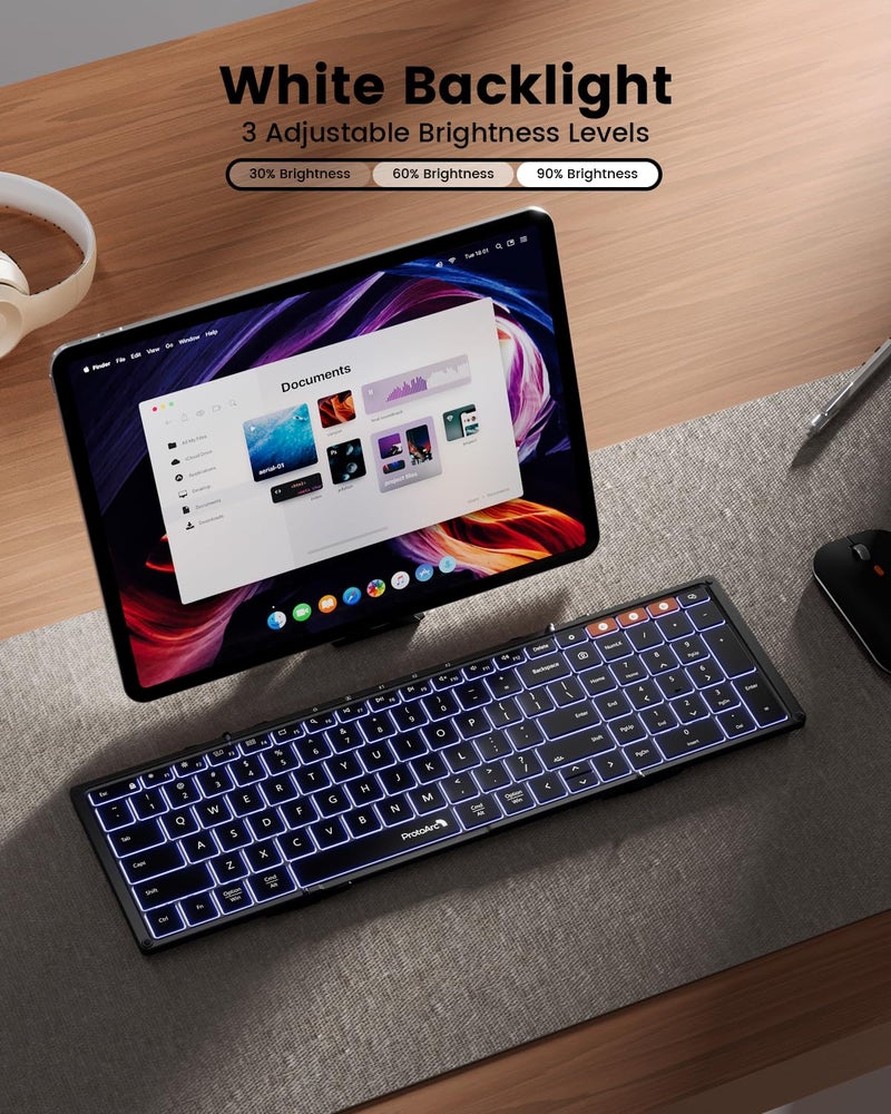 ProtoArc Backlit Foldable Keyboard, XK01 Plus Folding Portable Bluetooth Keyboard for Travel, True Full Size External Wireless Keyboards with Backlight for iPad Tablet Smartphone Laptop - Black - Image 3