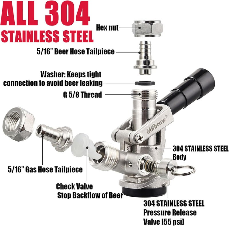 MRbrew All 304 Stainless Steel Keg Coupler, Commercial Sankey Kegerator D System Keg Tap Dispenser for I.D 5/16'' Draft Beer Line Gas Brewing Tubing with Check Valve Sealing Washer Hose Clamp - Image 3
