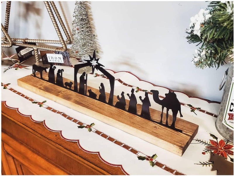 klarako Christmas Decor Nativity Scene Nativity Sets, Large Nativity Sets for Indoor Black Metal Nativity Set with Wood Base People Nativity Set Tree Nativity for Christmas Table Decoration (A) - Image 4