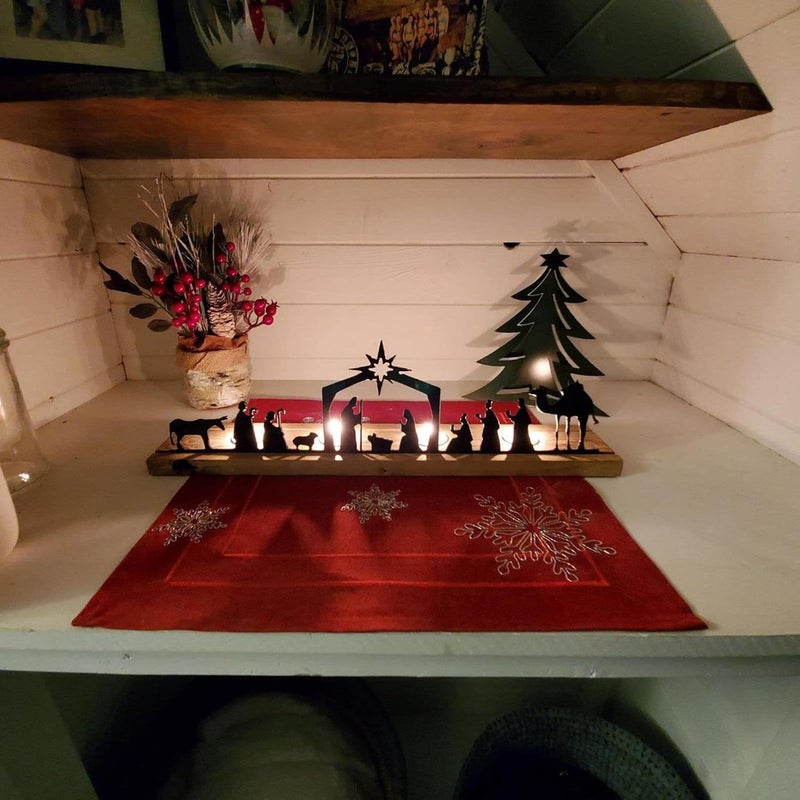 klarako Christmas Decor Nativity Scene Nativity Sets, Large Nativity Sets for Indoor Black Metal Nativity Set with Wood Base People Nativity Set Tree Nativity for Christmas Table Decoration (A) - Image 3