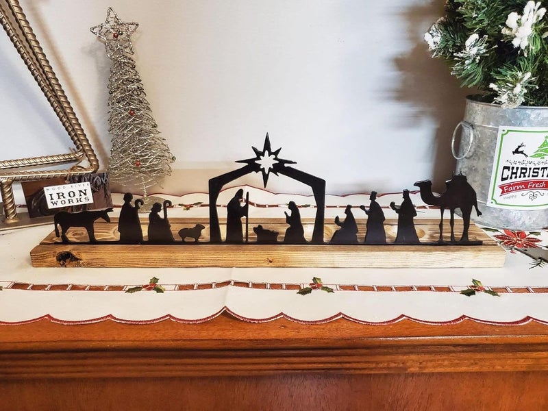 klarako Christmas Decor Nativity Scene Nativity Sets, Large Nativity Sets for Indoor Black Metal Nativity Set with Wood Base People Nativity Set Tree Nativity for Christmas Table Decoration (A) - Image 2