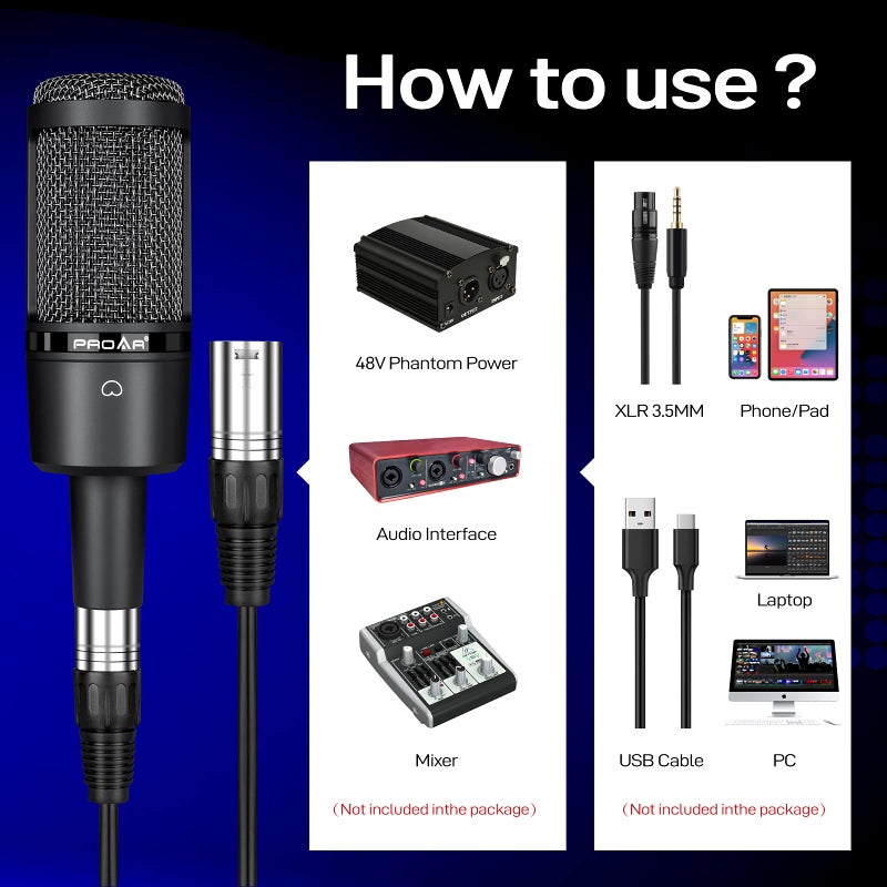 PROAR ميكروفون مكثف XLR، ميكروفون تسجيل استوديو احترافي لجهاز الكمبيوتر، مجموعة ميكروفون بودكاست كارديويد مع ذراع متحركة، ميكروفون للألعاب للبث، ASMR، الغناء، التعليق الصوتي، الصوت، يوتيوب، زوم - Image 5