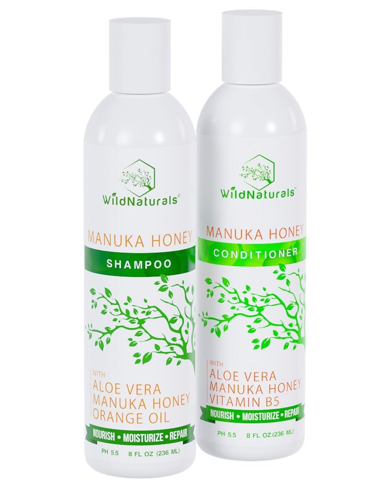 Wild Naturals Manuka Honey Shampoo and Conditioner - Soothing Moisturizing Formula for Eczema, Psoriasis, Curly Hair and Color-Safe - All Natural Set