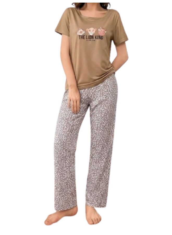 Women's cotton two-piece pajama set - casual short-sleeved t-shirt and long pants - comfortable sleepwear and loungewear - Image 1