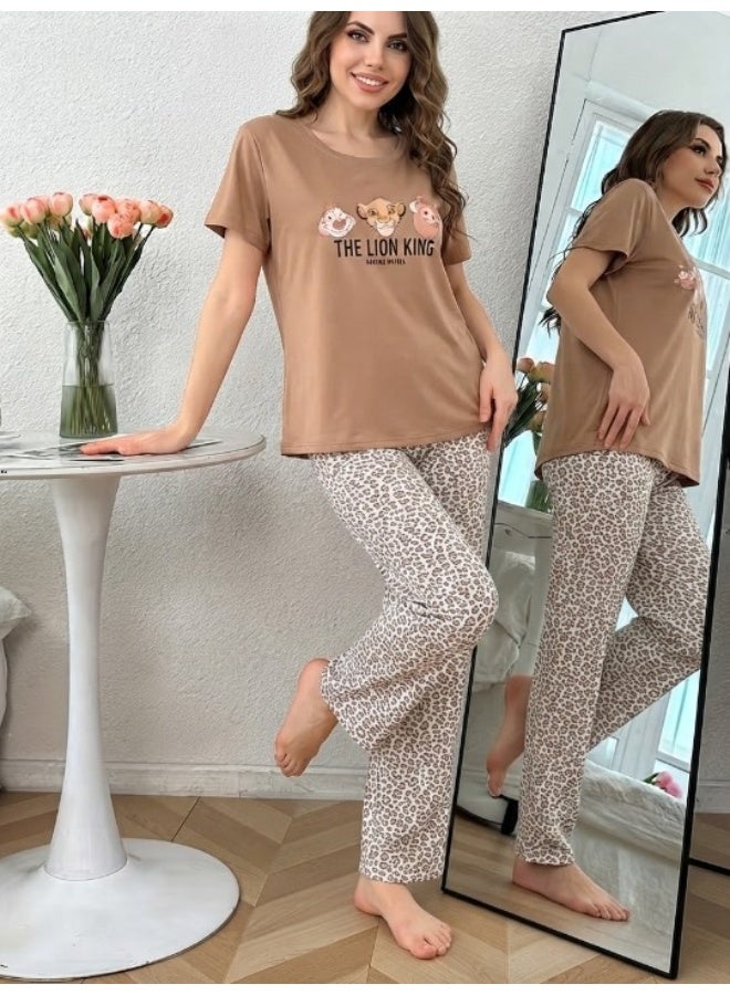 Women's cotton two-piece pajama set - casual short-sleeved t-shirt and long pants - comfortable sleepwear and loungewear - Image 2
