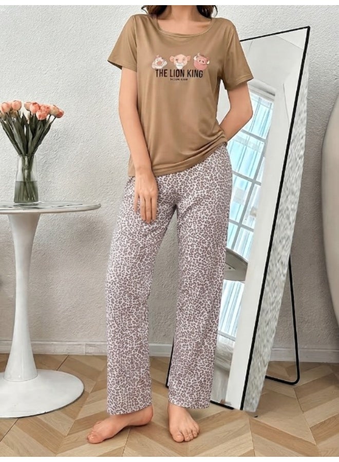 Women's cotton two-piece pajama set - casual short-sleeved t-shirt and long pants - comfortable sleepwear and loungewear - Image 4