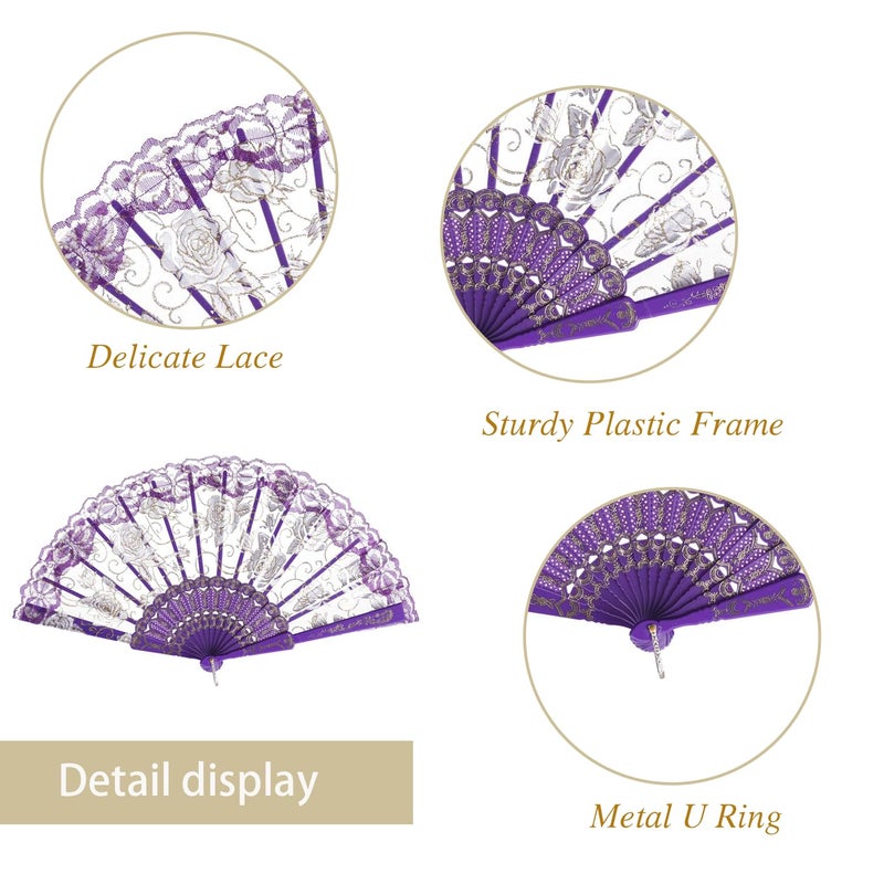 QIRMIZI 10 Pcs Rose Lace Folding Fans,Silk Folding Hand Fans, Perfect for Weddings, Parties, and Dancing,Purple - Image 3