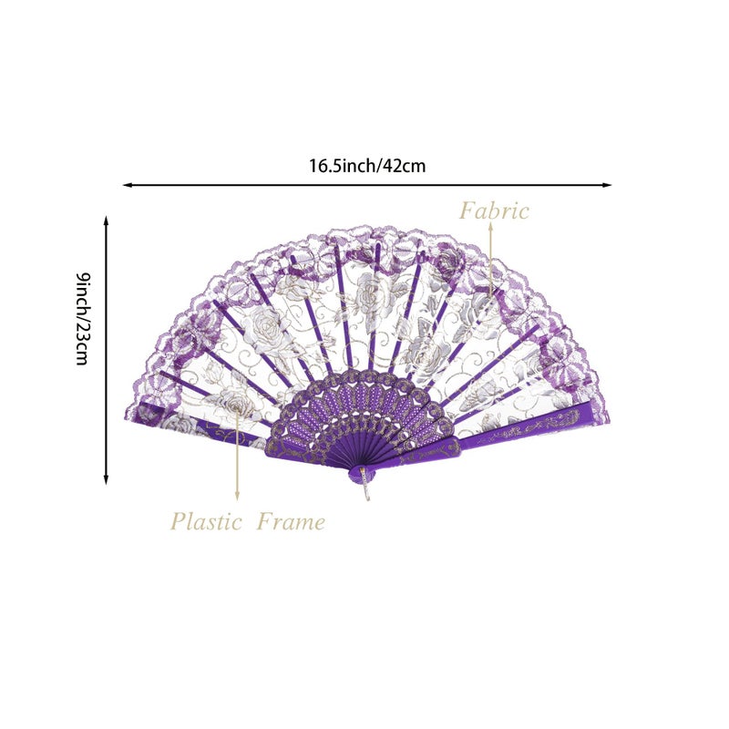 QIRMIZI 10 Pcs Rose Lace Folding Fans,Silk Folding Hand Fans, Perfect for Weddings, Parties, and Dancing,Purple - Image 2