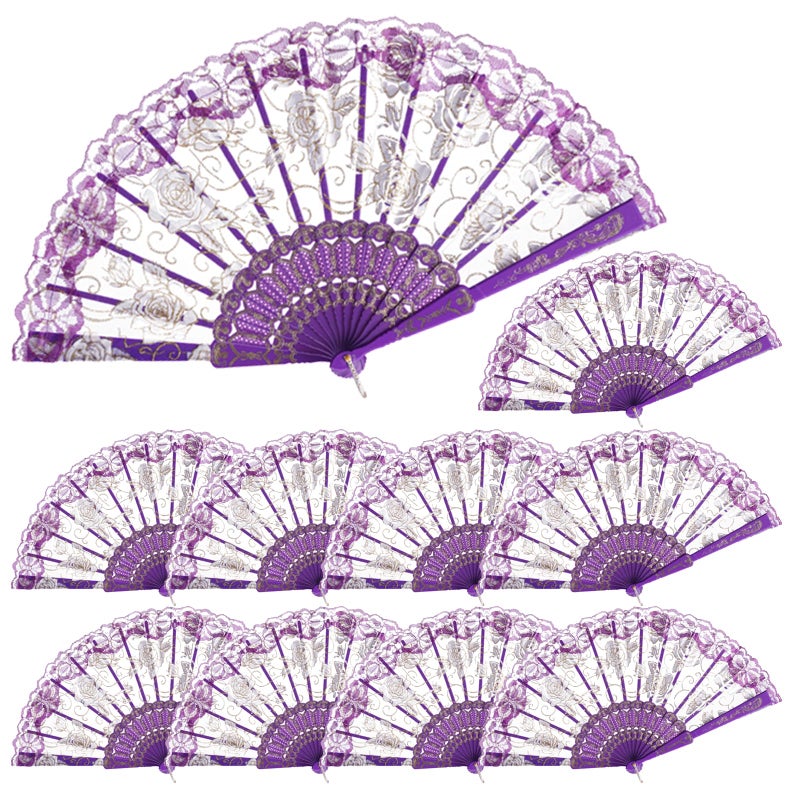 QIRMIZI 10 Pcs Rose Lace Folding Fans,Silk Folding Hand Fans, Perfect for Weddings, Parties, and Dancing,Purple - Image 1