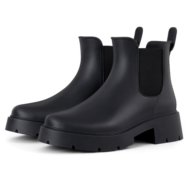 Asgard Women's Platform Ankle Rain Boots Waterproof Chelsea Boots Short Rubber Booties with Chunky Heel, Platform Black 39 - Image 1