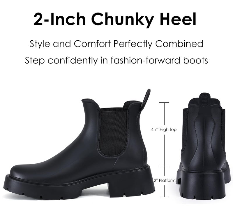 Asgard Women's Platform Ankle Rain Boots Waterproof Chelsea Boots Short Rubber Booties with Chunky Heel, Platform Black 39 - Image 4