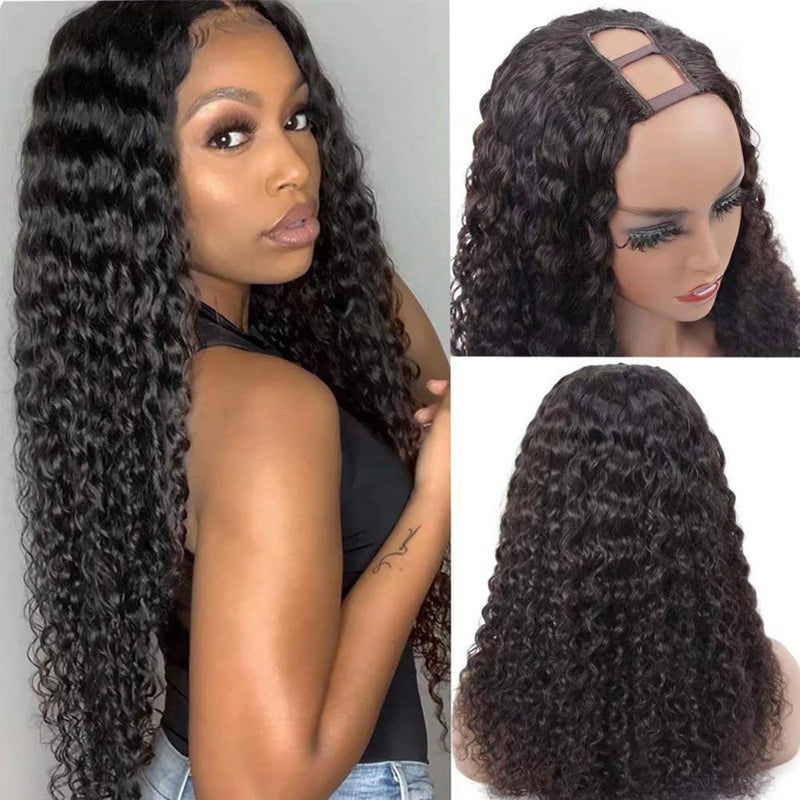 U Part Wig Human Hair Brazilian Deep Wave U Part Wigs for Black Women Virgin Remy Deep Curly Human Hair Wigs Glueless Full Head Clip in Half Wig U Shape Wig 180 Density Natural Color 18 Inch