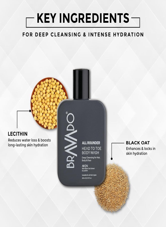برافادو غسول الجسم برافادو متعدد الاستخدامات للرجال 200 مل | غسول للجسم والوجه وشامبو 3 في 1 | تنظيف عميق، ترطيب، إعادة بناء الشعر | الشوفان الأسود والليسيثين | للاستخدام اليومي - Image 3