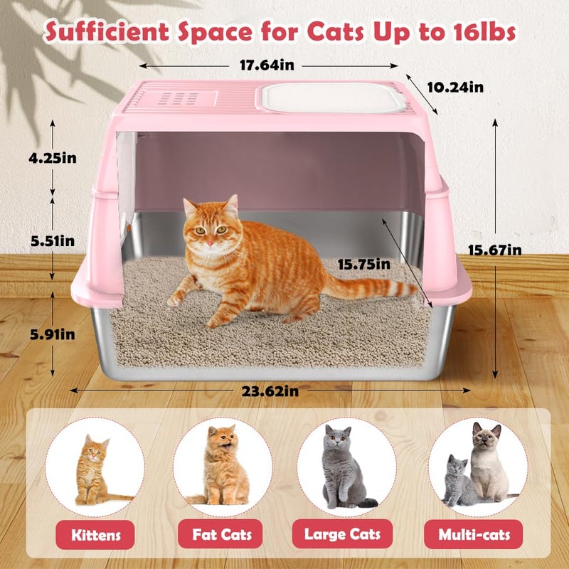 Vivifying Stainless Steel Litter Box with Lid, XL Front Entry Enclosed Extra Large Litter Box for Big Cats & Kitty, Top Exit Metal Cat Pan with Scoop, Mat, Footboard, Charcoal Filter (Pink) - Image 2