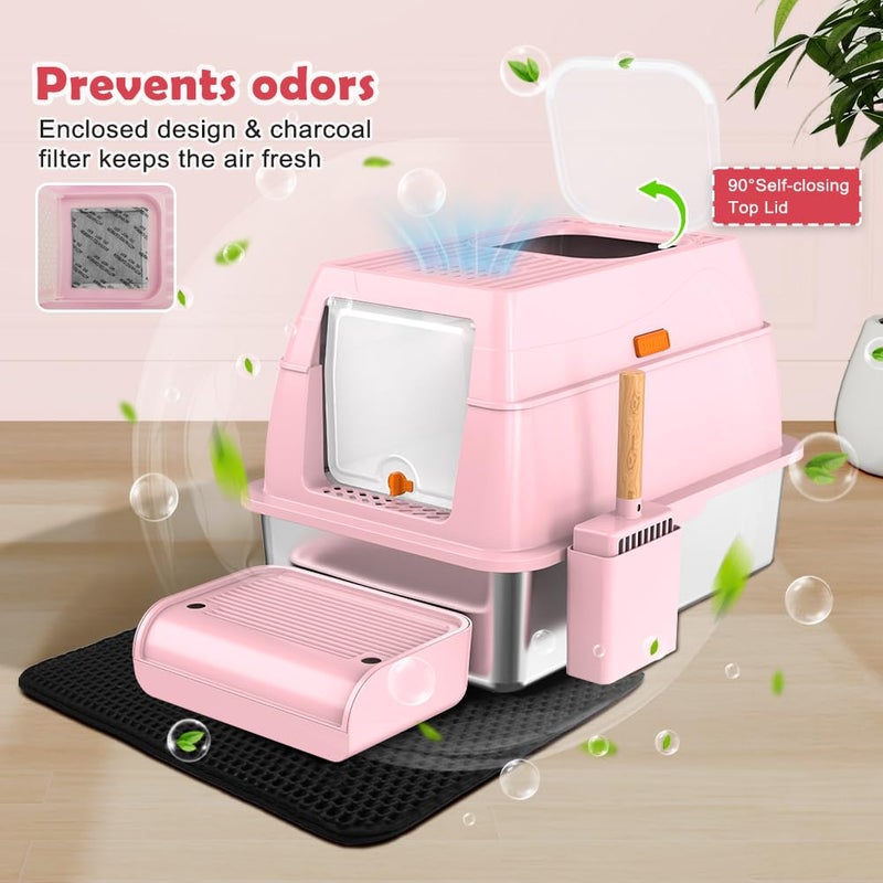 Vivifying Stainless Steel Litter Box with Lid, XL Front Entry Enclosed Extra Large Litter Box for Big Cats & Kitty, Top Exit Metal Cat Pan with Scoop, Mat, Footboard, Charcoal Filter (Pink) - Image 5
