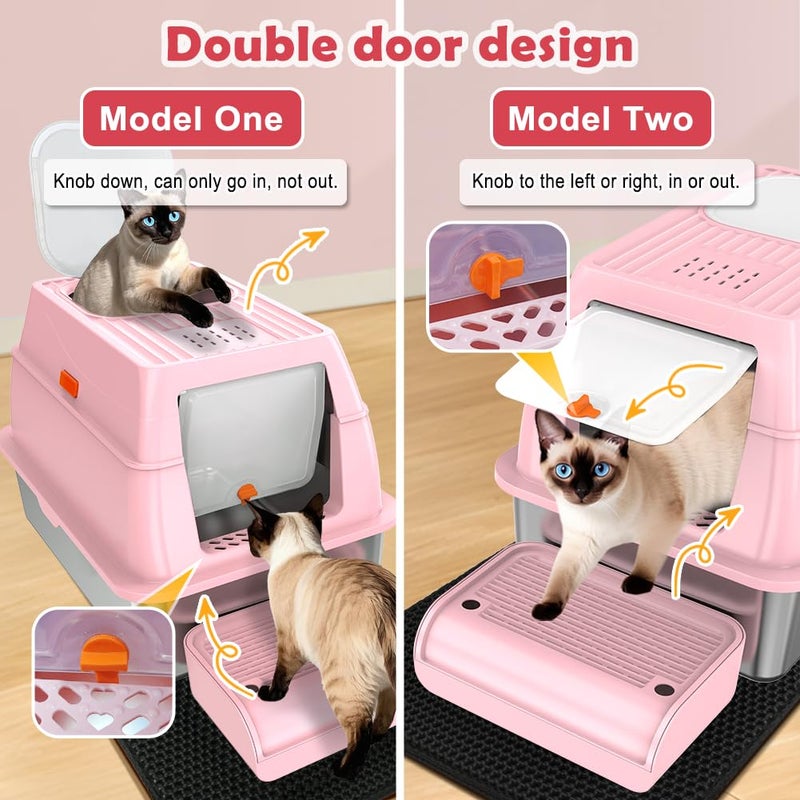 Vivifying Stainless Steel Litter Box with Lid, XL Front Entry Enclosed Extra Large Litter Box for Big Cats & Kitty, Top Exit Metal Cat Pan with Scoop, Mat, Footboard, Charcoal Filter (Pink) - Image 3