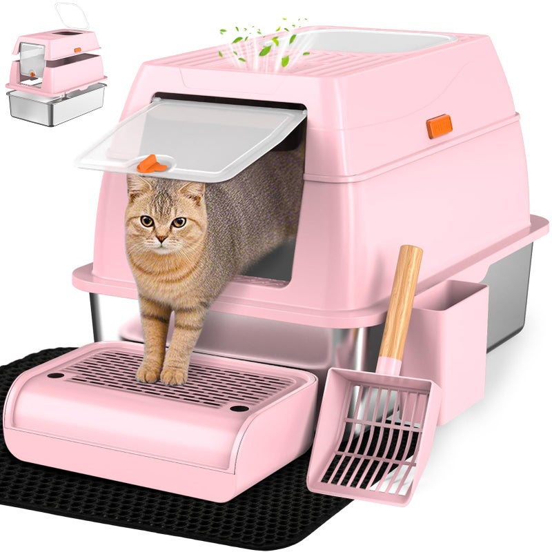 Vivifying Stainless Steel Litter Box with Lid, XL Front Entry Enclosed Extra Large Litter Box for Big Cats & Kitty, Top Exit Metal Cat Pan with Scoop, Mat, Footboard, Charcoal Filter (Pink) - Image 1