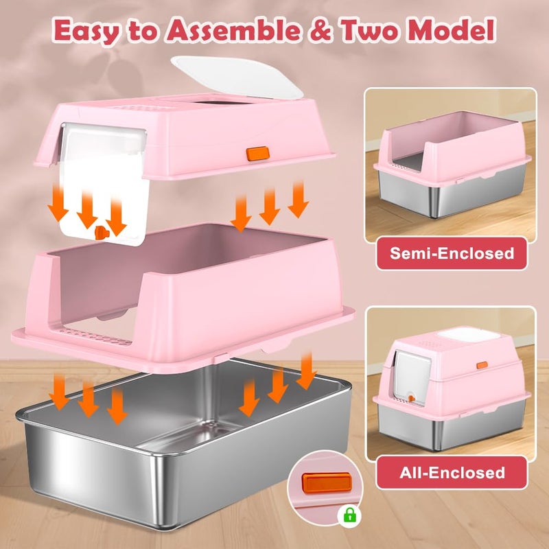 Vivifying Stainless Steel Litter Box with Lid, XL Front Entry Enclosed Extra Large Litter Box for Big Cats & Kitty, Top Exit Metal Cat Pan with Scoop, Mat, Footboard, Charcoal Filter (Pink) - Image 4