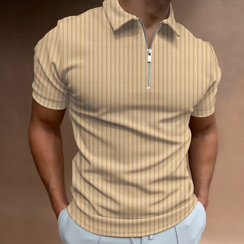 Men's Striped Polo Neck Short Sleeve T-Shirt with Zipper - Image 2